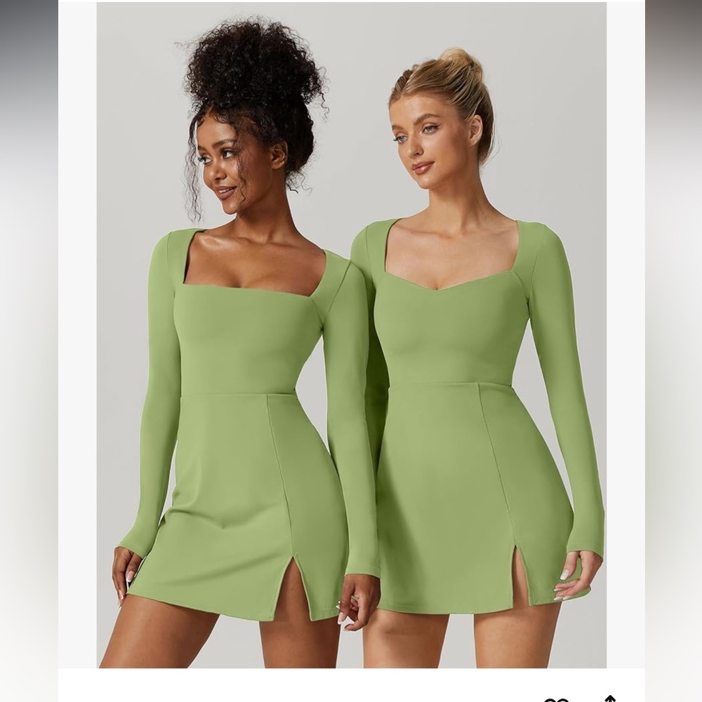 Qinsen new Women's Green Square Neck Dress